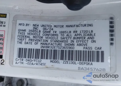 2005 Toyota Corolla S z USA, uszkodzony, nr VIN 1NXBR32E75Z365960